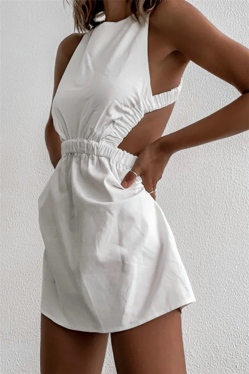 

Women Casual Beach Dress Sleeveless High Waist Bandage Cross Backless Short Mini Sundress Solid White Vestidos Party Club