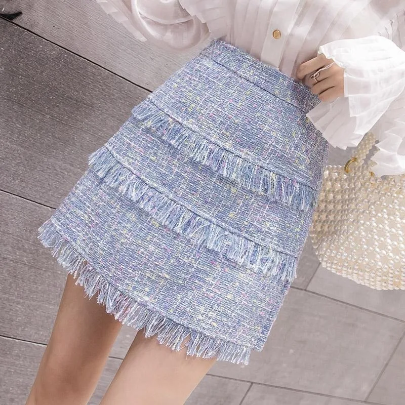 

2021 New Spring Autumn Women French Style Temperament Fringed Skirt High Waist Slimming Short Sweet Bag Hip A-line Skirts Y640