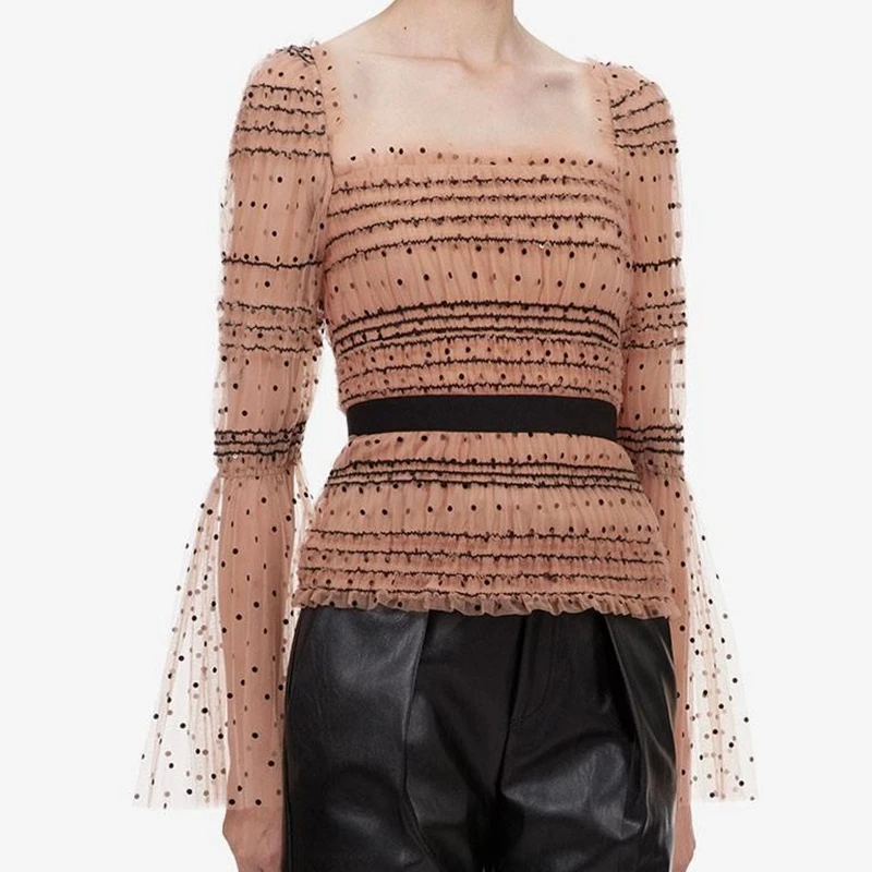 2020 Весенняя женская мода топ с роговыми рукавами кружевная рубашка в горошек