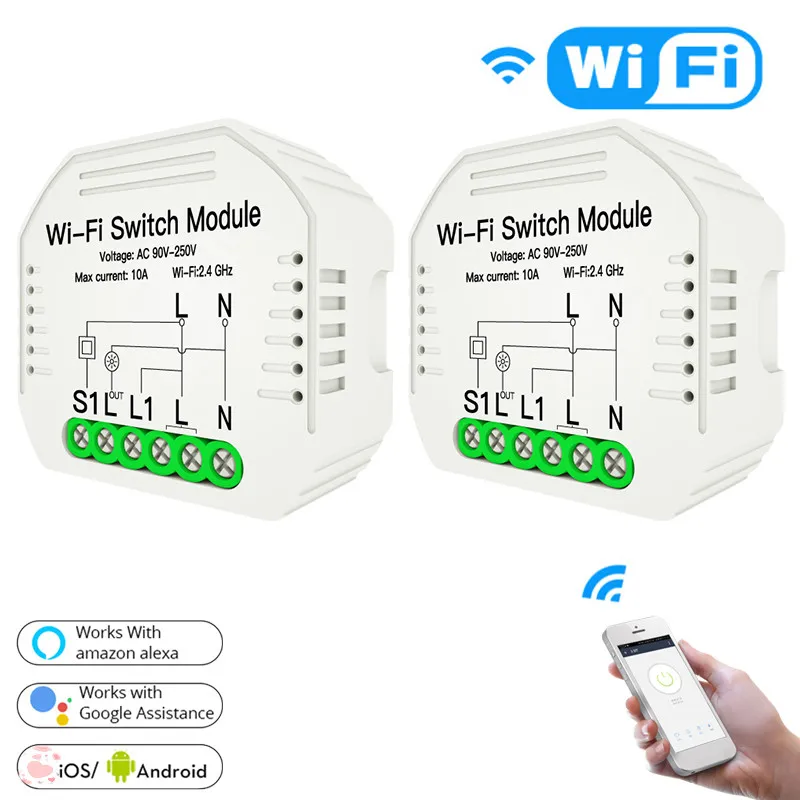 

DIY WiFi Smart Switch Module With Rail Bracket Tuya 90-250V Wireless Light Switch Relay Module Compatible Alexa Google Home