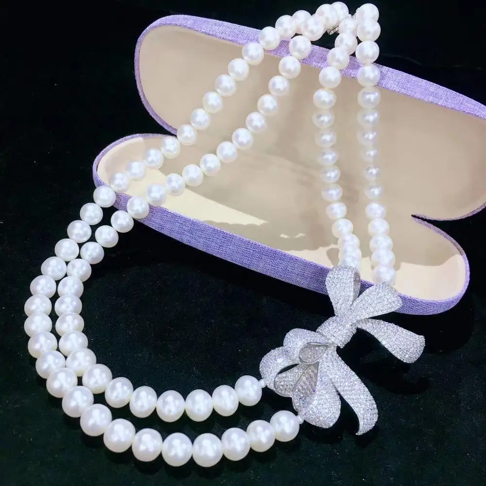 ?? 9-10 ミリメートル天然淡水真珠のネックレス二層 925 スターリングシルバー立方ジルコンちょう結びクラシックファインジュエリー