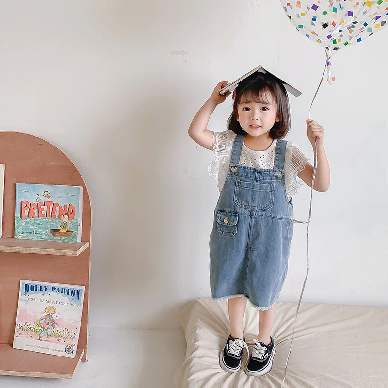 

Summer cute girls loose denim strap dresses 1-6 years korean style 2021 children loose all-match dress