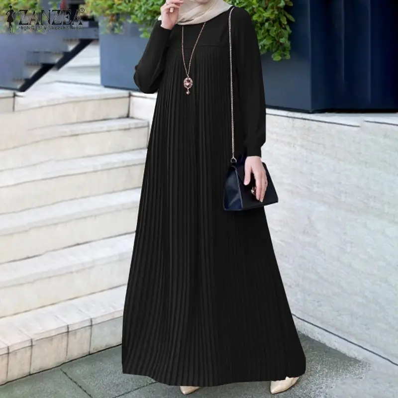 

Casual Muslim Kaftan Robe Women Fashion Dresses 2021 Loose Solid Party Full Sleeve Pleated Retro Bohemian Long Maxi Shirt Dress