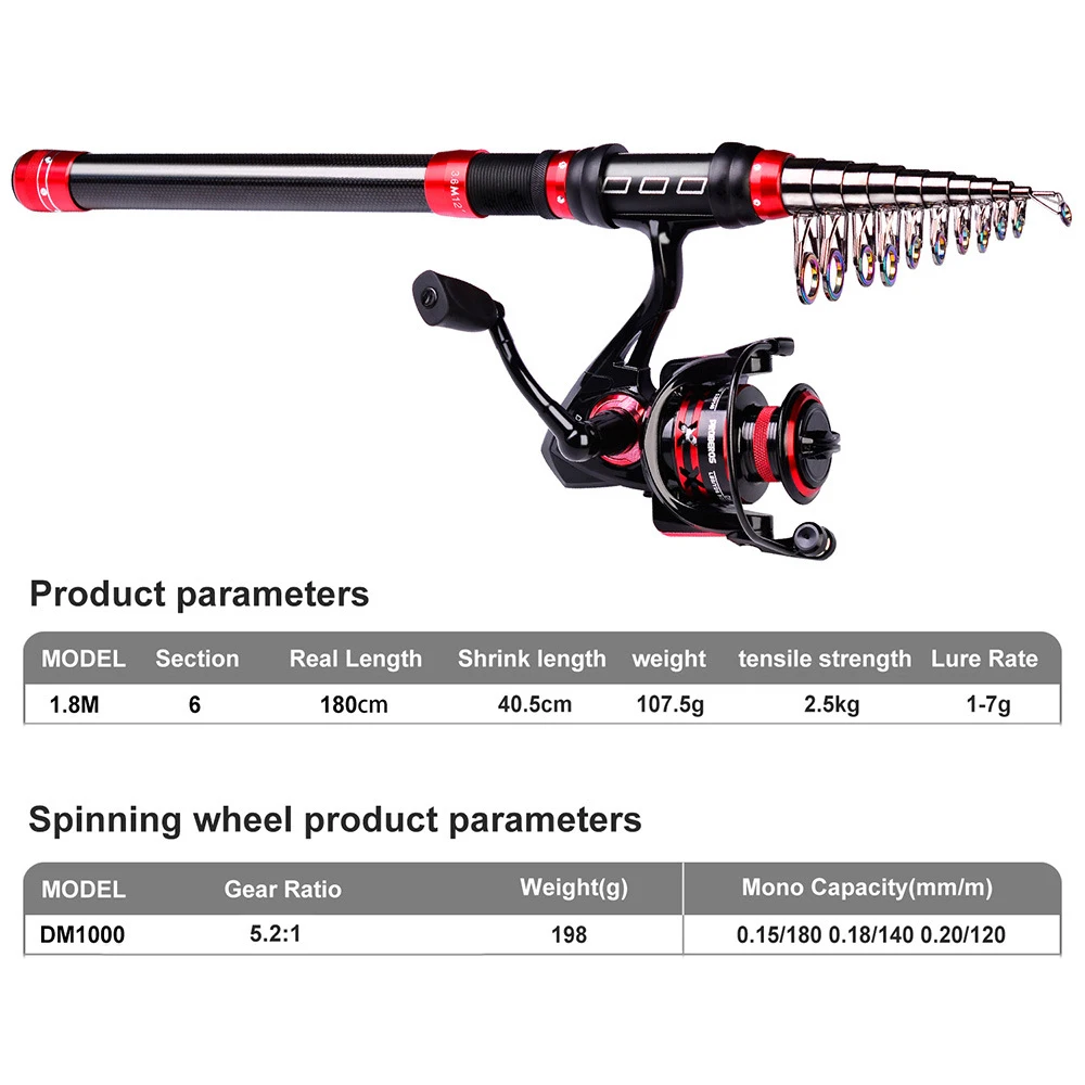 

PRO BEROS 1.8m Fishing Rod Kit Set Carbon Fiber Telescopic Fishing Pole with DM1000 Spinning Reel Line Lure Hooks