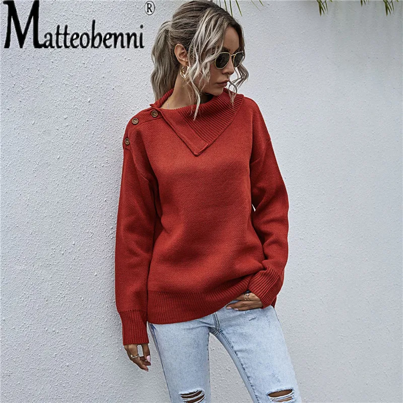 

Women Casual Side Lapel Knitted Autumn Sweater Elegant White Sweater Fashion Long Sleeves Buttons Loose Solid Pullover Sweater