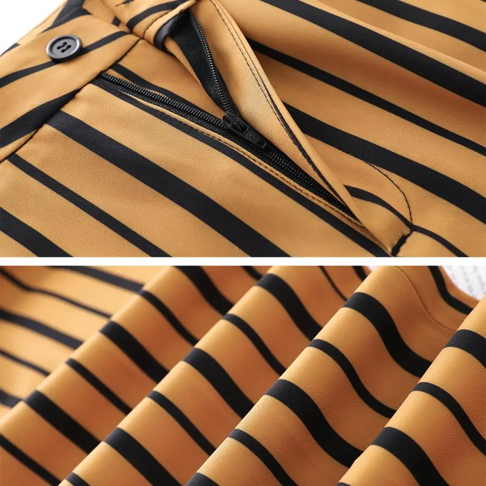 

Fashion Yellow White Stripe Women Pant Suit for Summer Spring Two Piece Set Size S-5XL Half Sleeve Blazer With Pant