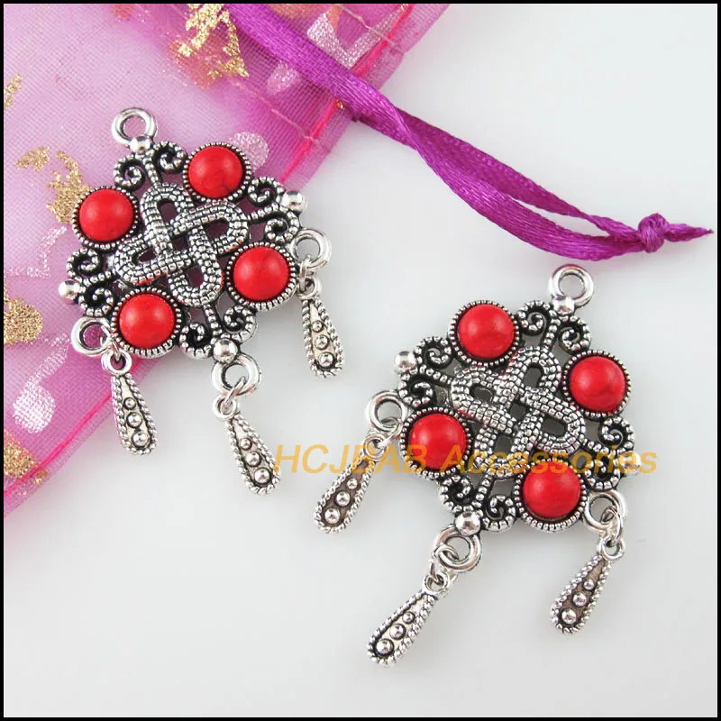 4 шт. Тибетский Серебряный тон китайский узел красный камень каплевидные