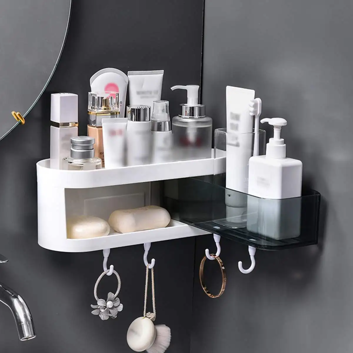 

Corner Bathroom Organizer Shelf Bathroom Shelf Rotatable Wall Mounted Cosmetic Storage Rack Kitchen Shelf Space Saver Household