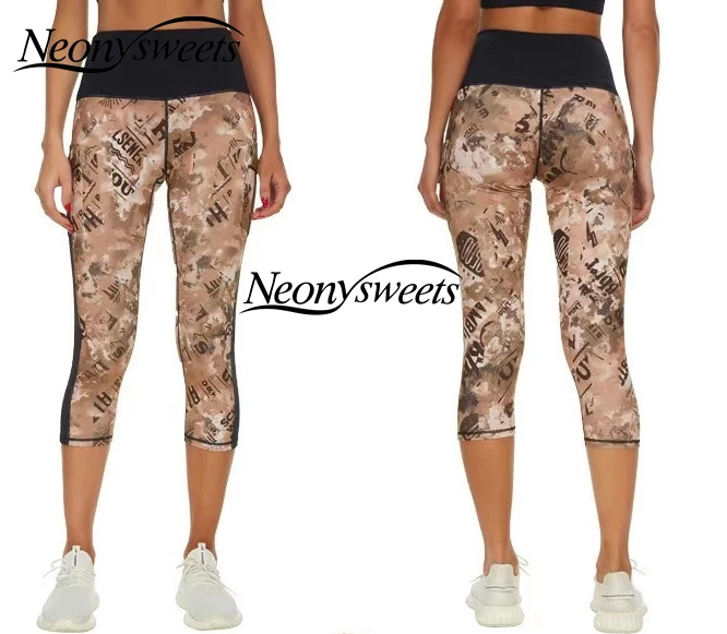 

Neonysweets Calf-Length Pants Printin Yoga Pocket Women's High-Waist Quick-Drying Sports Fitness Pants
