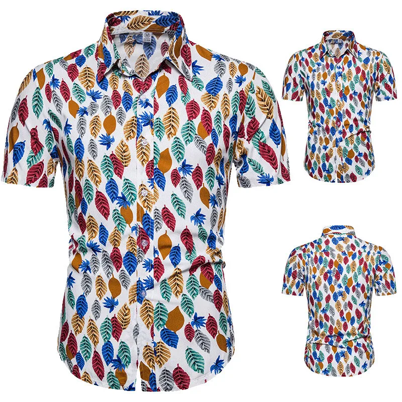 

2020 Men Colour Leaf Print Shirts Fashion Beach Hawaiian Shirt Casual Slim Fit Mens Clothing Chemise Homme camisa masculina 3XL