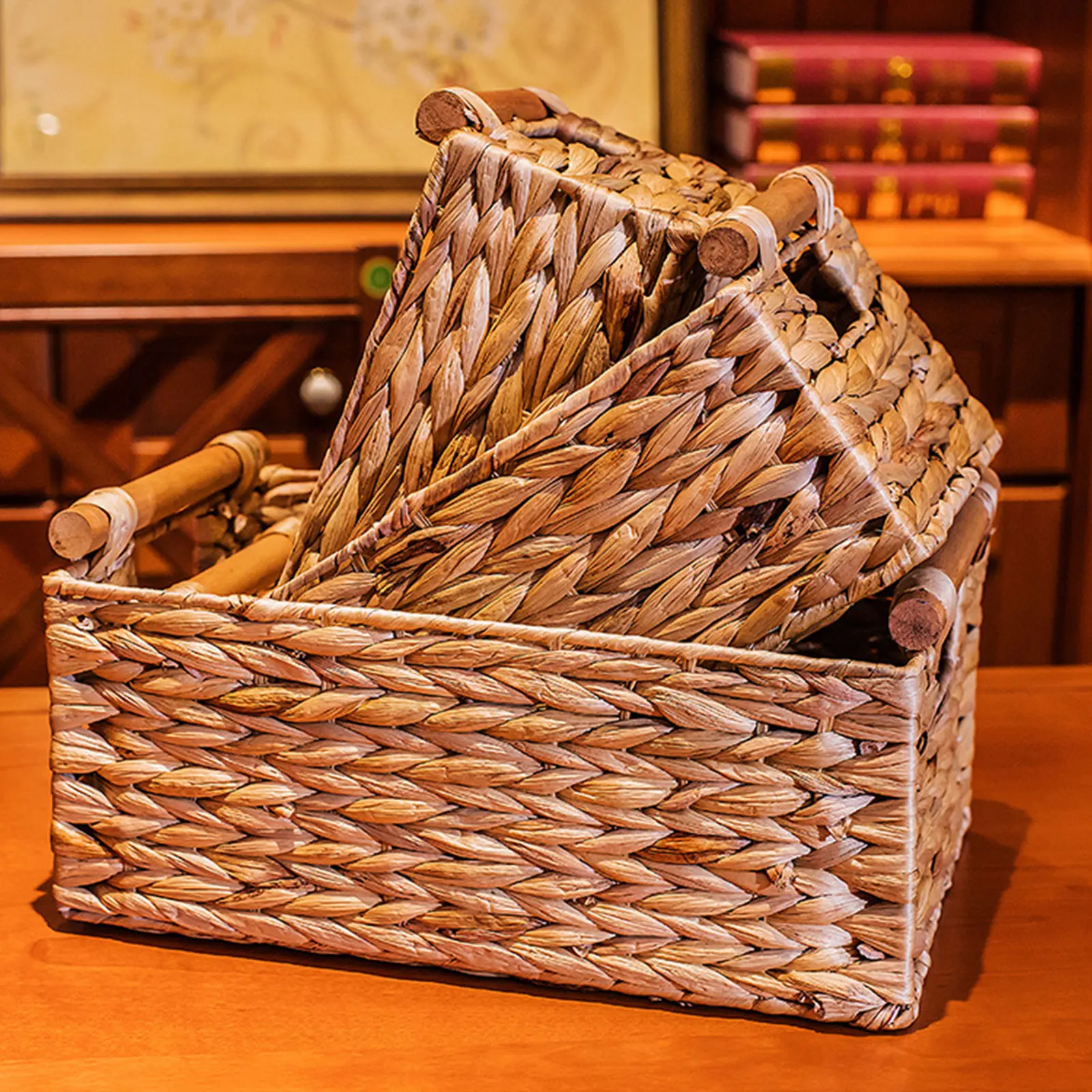 

VOGVIGO Rattan Storage Basket Storage Box Storage Box Straw Woven Storage Box Without Lid Rectangular Wicker Basket With Handle