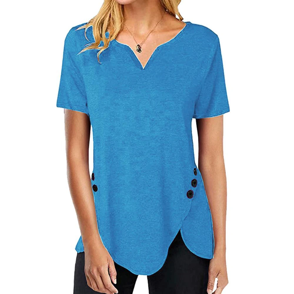 

Solid Women T Shirt Summer Top Tees V Neck Short Sleeve Pullover Button Irregular Hem Casual Women Tops Loose T Shirt Female