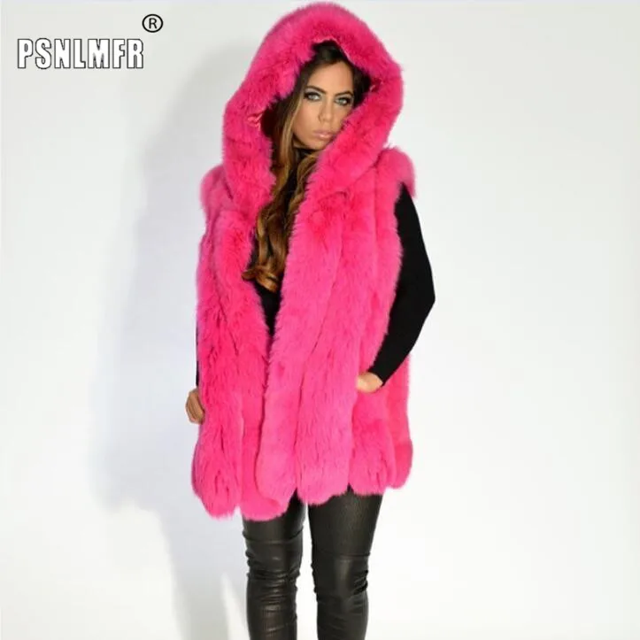 Роскошный 100% натуральный Лисий мех с капюшоном длинный жилет из натурального