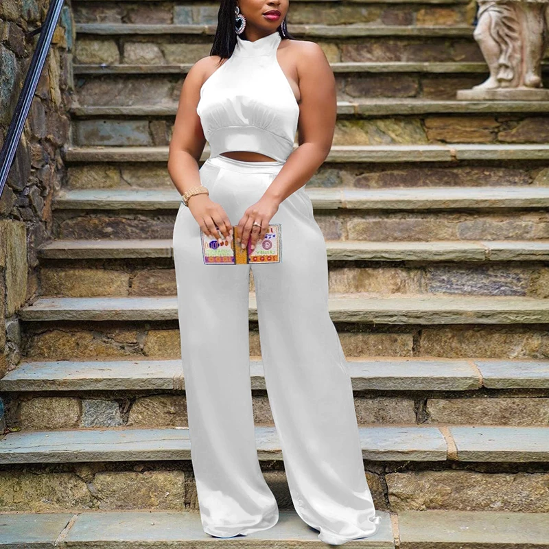 

Two Piece Silky Satin Suits Sleeveless Crop Top & Loose Pants Set