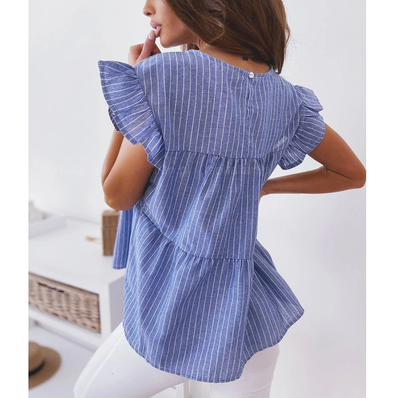 

Plus Size 3Xl Women Tops and Blouse 2021 Summer Short Sleeve Round Neck Ruffle Striped Casual Loose Shirt Blusa Feminina SJ7985V