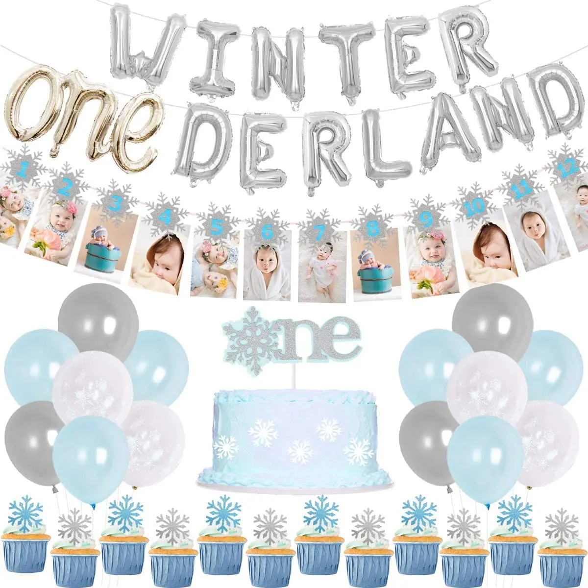 Decoraciones de fiesta de cumplea&ntilde;os para ni&ntilde;a, primer cumplea&ntilde;os, globos de invierno, cartel de foto de copo de nieve para suministros de primer cumplea&ntilde;os-0
