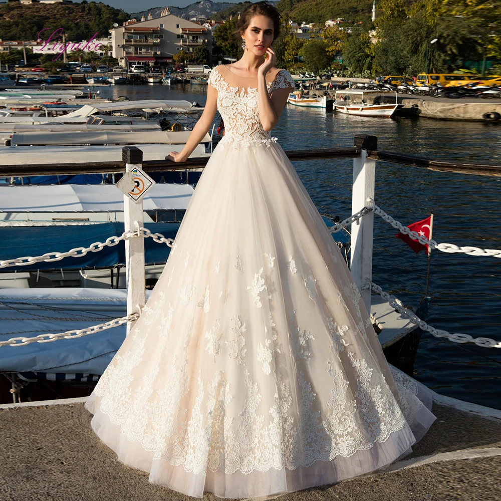 Liyuke 2019 новое бальное платье свадебное с кружевной аппликацией глубоким вырезом и
