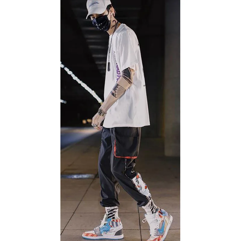 

Men cargo 2020 new spring and autumn hip hop trend pockets male ankle-length pants black hot sale Korean style n14