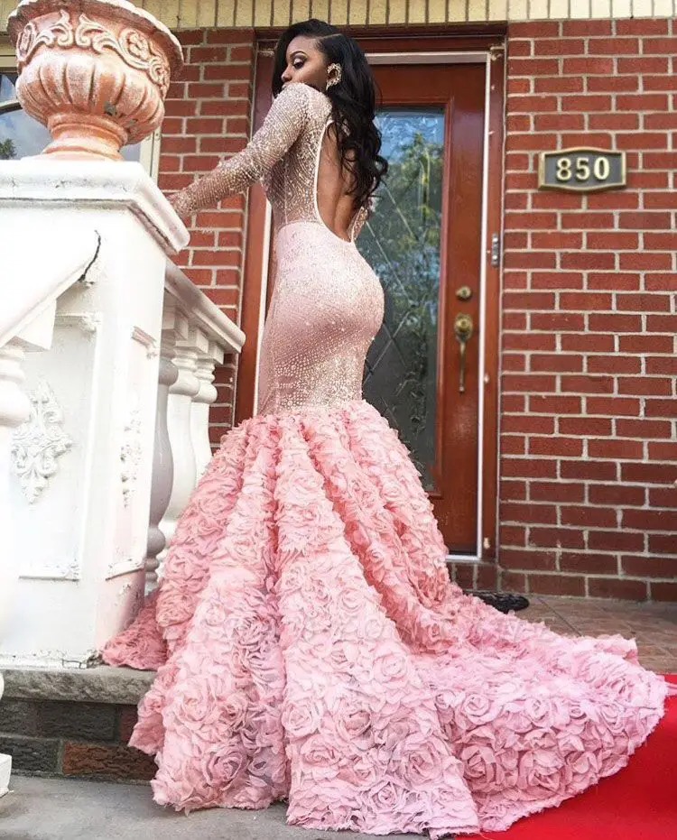 Luxury Pink Mermaid Prom Dresses Sheer Beading Long Sleeves Evening Gowns robe de soiree