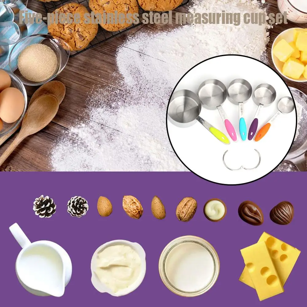 

5pcs Stainless Steel Baking Measurement Cups with Non-slip Silicone Grips Tea Coffee Baking Cooking Metal Measuring Kitchen Tool