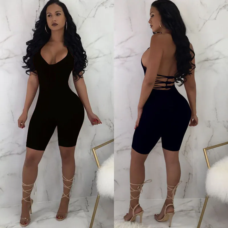 

2020 Women Sexy Jumpsuit Strapless V-neck Stretch Lace-up Romper Biker Shorts Bodysuit Backless Hollow Out Bandage Bodysuit
