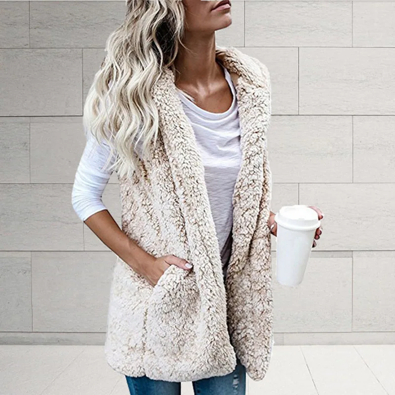 Жилет женский с капюшоном и карманами модный теплый меховой однотонный жилет