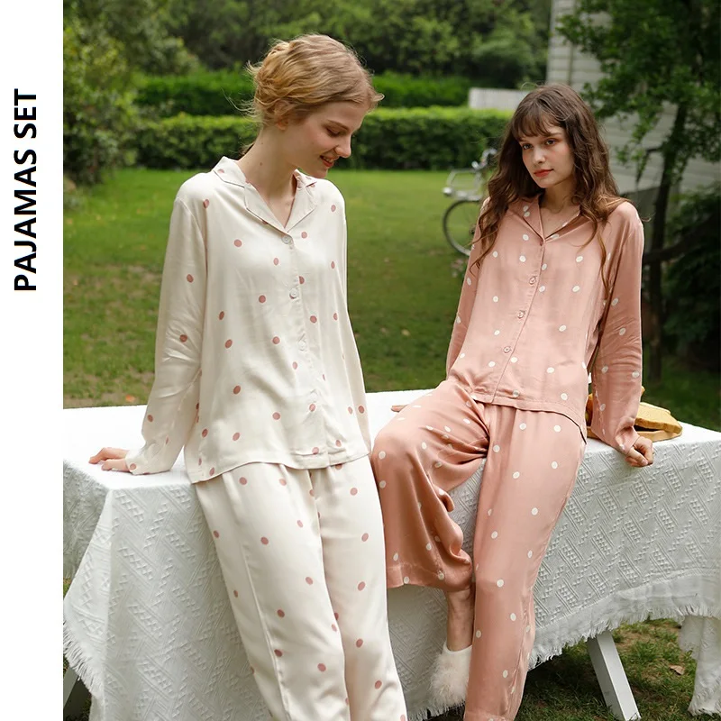 

Small Dots Printed Women Pijamas Viscose Long Sleeve Long Trousers Home Suit for Girl Sleep Wear Two Colors Women Pajama Set