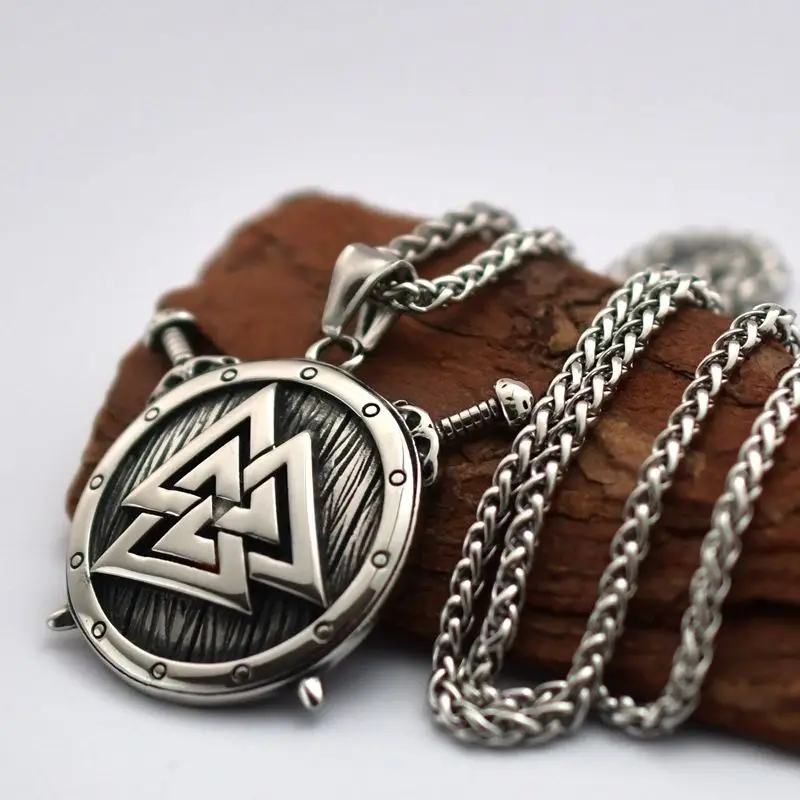 

Viking Double Swords Buckler Pendant Necklace Nordic Odin Stacked Triangle Amulet Accessory Viking Rune Jewelry