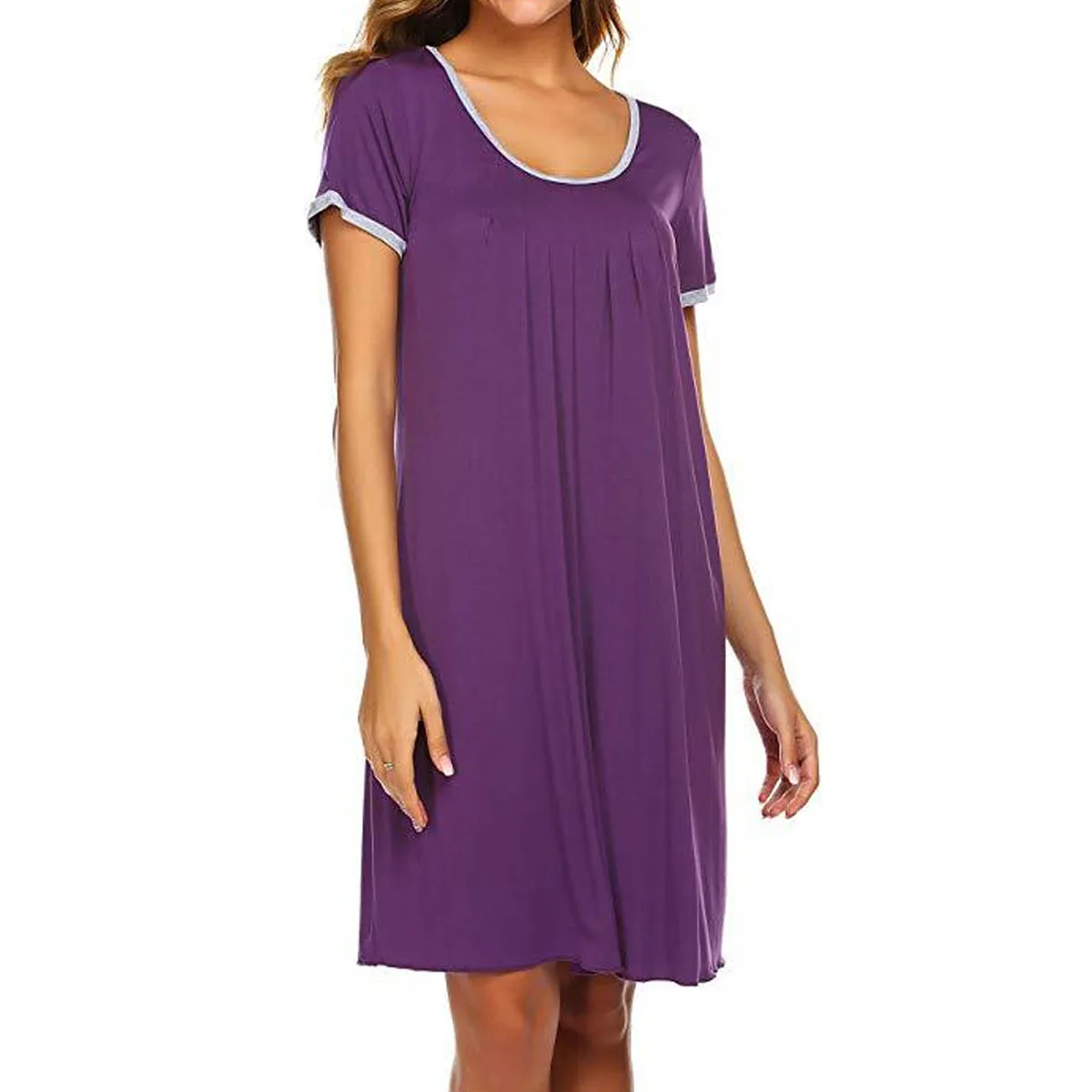 Nightgown Womens Cotton Sleepshirt Soft Sleepwear Pleated Nightshirt Comfy Sleep Dress Short Sleeve Flare Nightdress