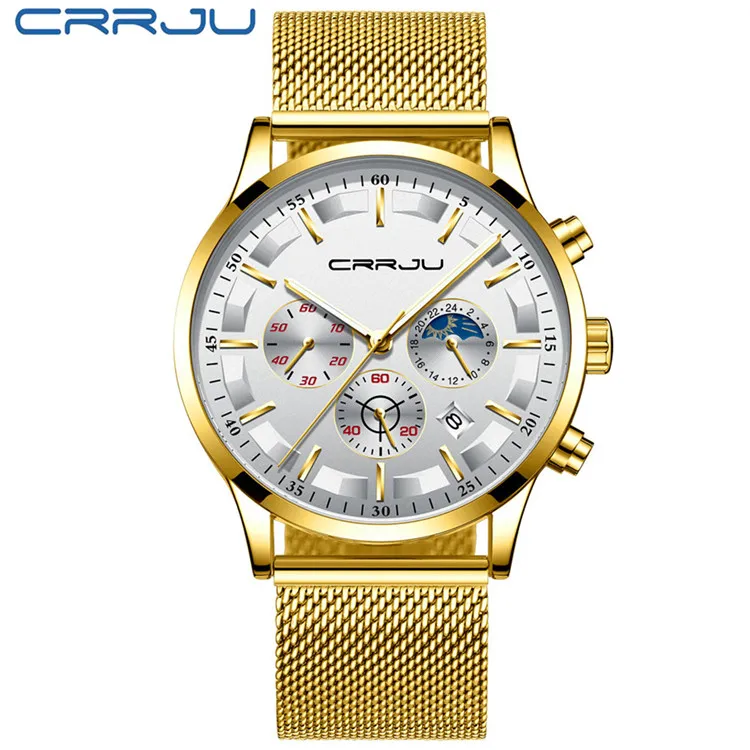 M Gold White CRRJU мужские часы Топ бренд Роскошные Модные Бизнес Кварцевые часы мужские спортивные полностью стальные водонепроницаемые черные часы Relogio Masculino - Цвет: M Gold White