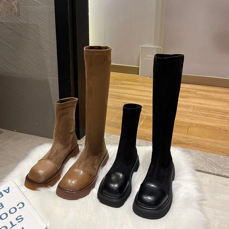 

Женские ботинки, женская обувь, роскошная дизайнерская зимняя обувь с круглым носком, низкая Осенняя мода 2021, до середины икры, резиновая хл...