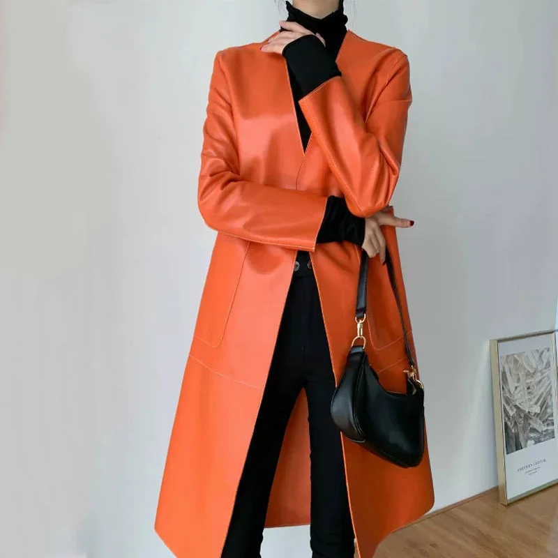 

kobiety sheepskin płaszcze coats women spring 2021 new brand genuine leather jacket mujeres abrigos V-neck clothing solid