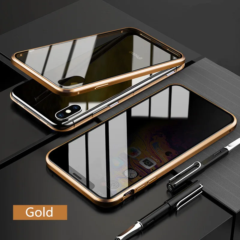 Gold Конфиденциальности магнитное закаленное стекло металлический чехол для iPhone X Xr Xs Max 8 7 Plus защищающий от подсматривания 360 градусов полный защитный чехол для телефона - Цвет: Gold