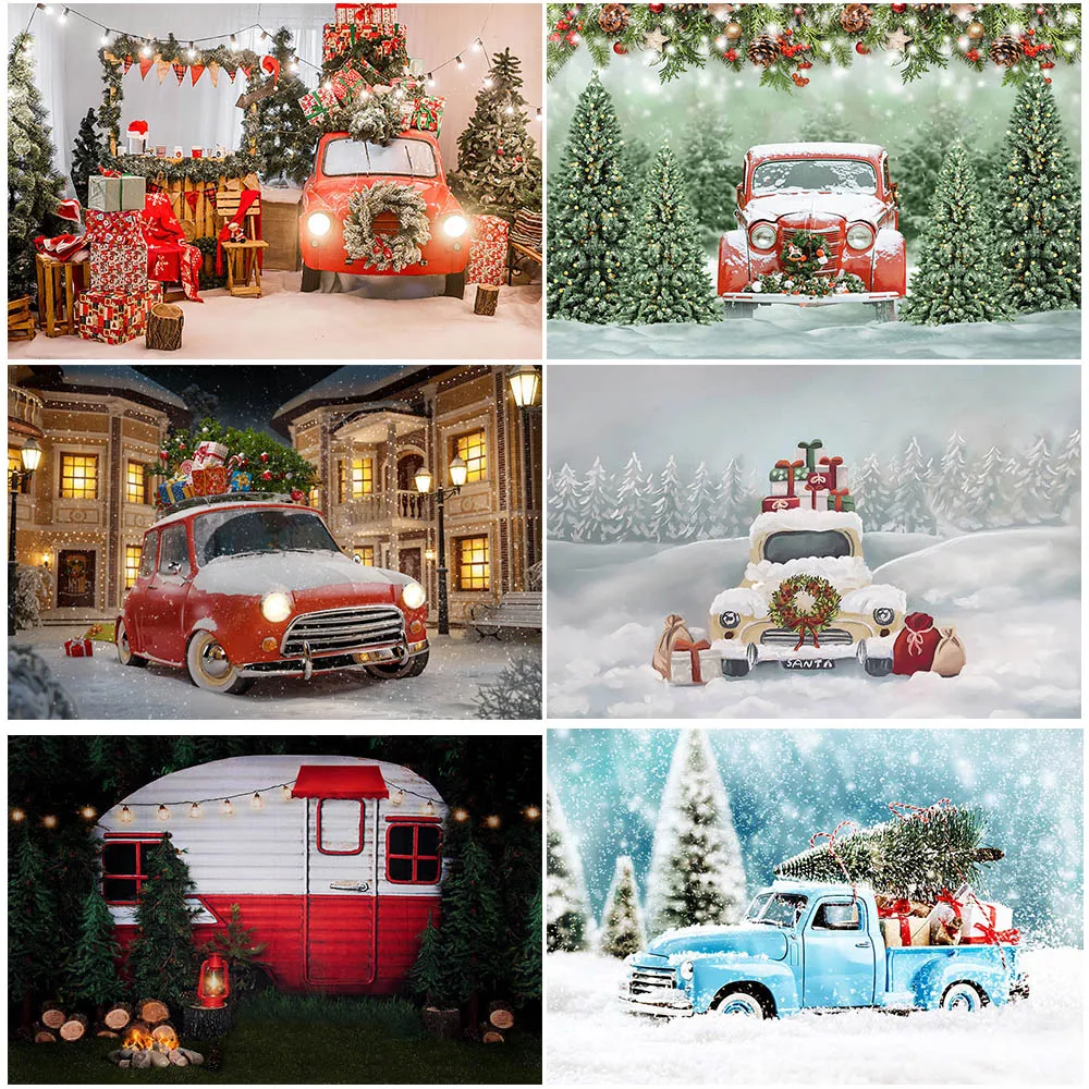 

Christmas Car Winter Snow Backdrop for Photography Studio Snowflake Red Car Newborn Baby Portrait Photo Background Photocall