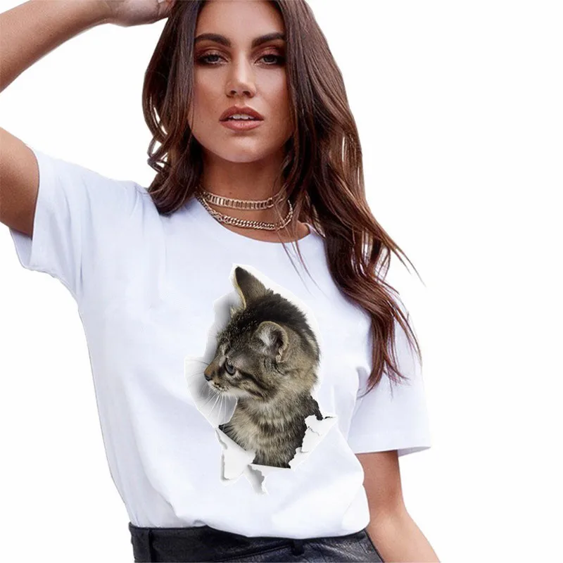 Женская футболка с коротким рукавом круглым вырезом и 3D-принтом кошки - купить по
