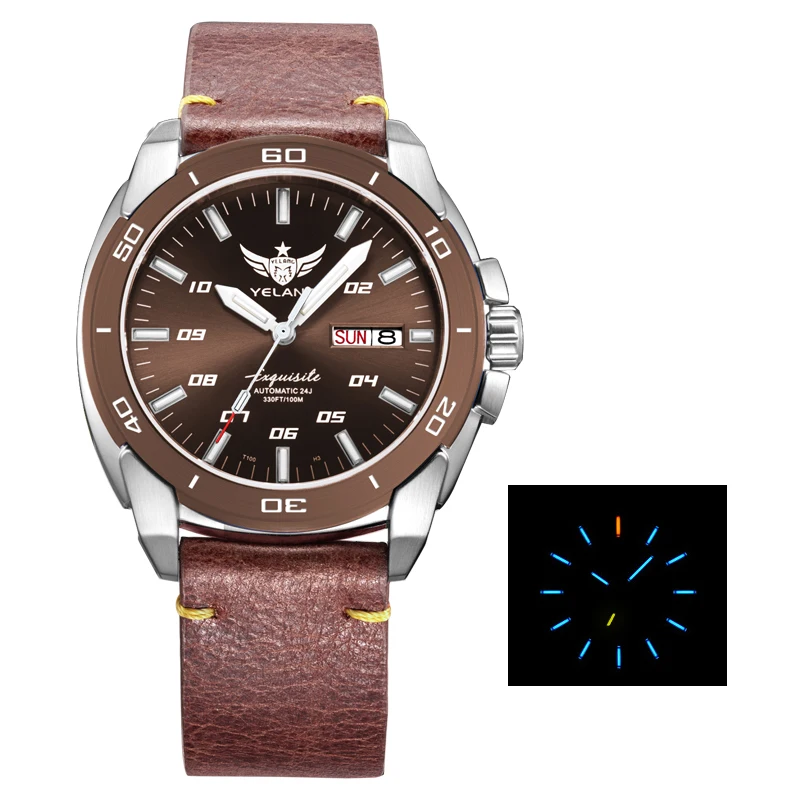 leather coffee p1 Мужские часы T100 Тритий, часы мужские Yelang автоматические meachnical H3 наручные водонепроницаемые мужские спортивные наручные часы relogio masculino V1020 - Цвет: leather coffee p1