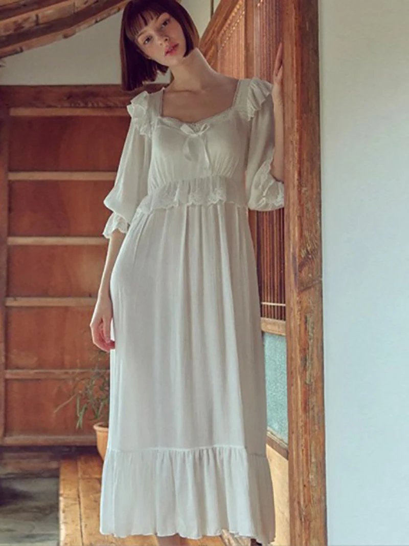 

Korean Style Sweet Girls Lolita Loungewear Lace Patchwork Night Dress with Chest Pad Women Princess Pajamas Vintage Sleepwear