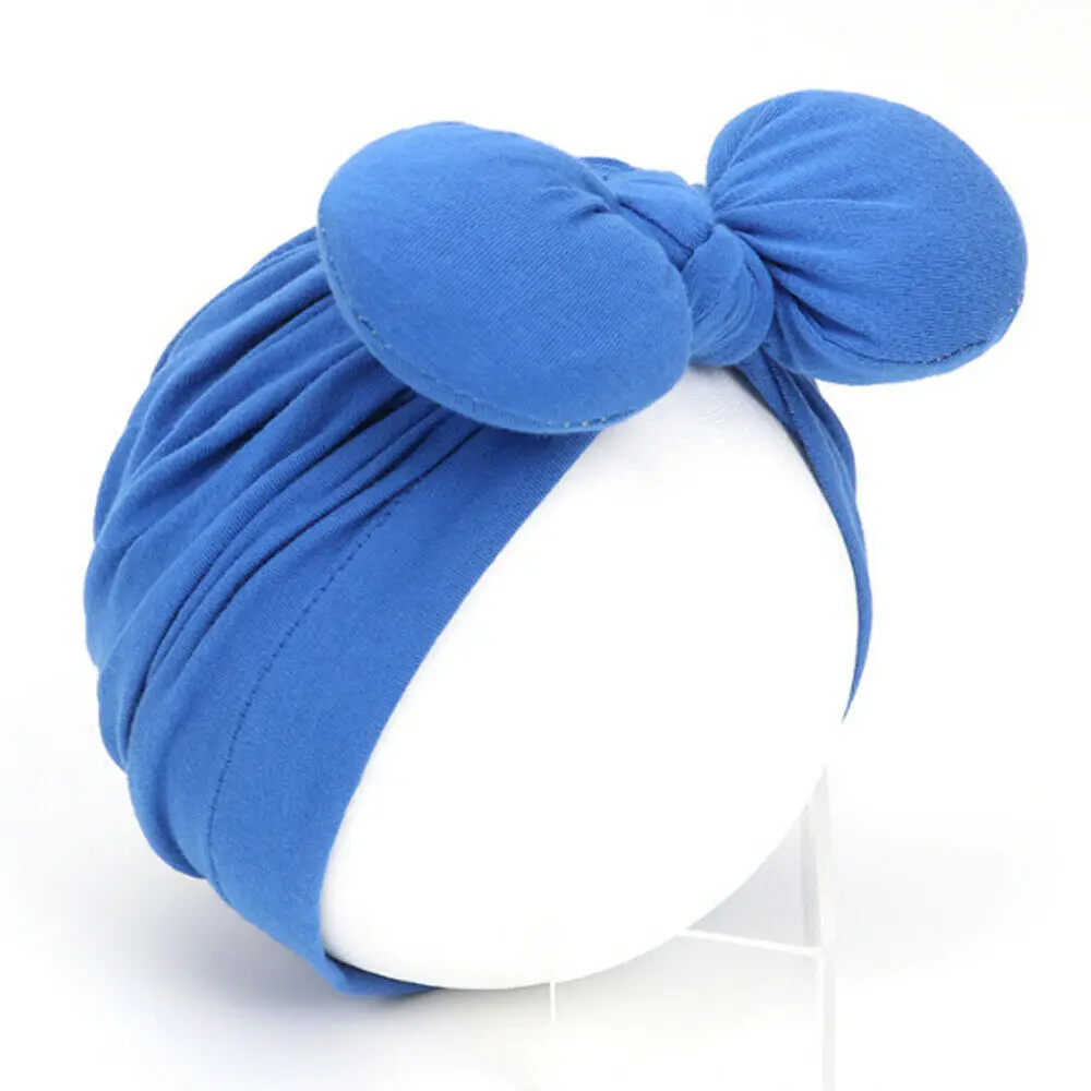 Navy Blue Newborn Toddler Baby Girls Turban Soft Silk Beanie Big Bow Hat Cap Wrap Headwear Headband Hats Accessories Candy Color Cute - Color: Navy Blue