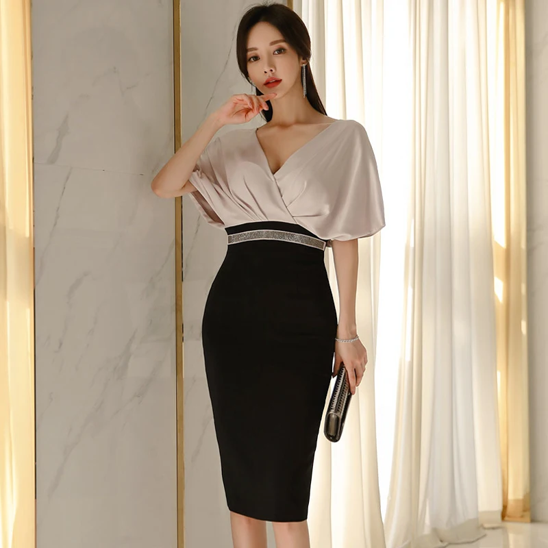 Платье футляр BGTEEVER женское с V образным вырезом и коротким рукавом весна лето