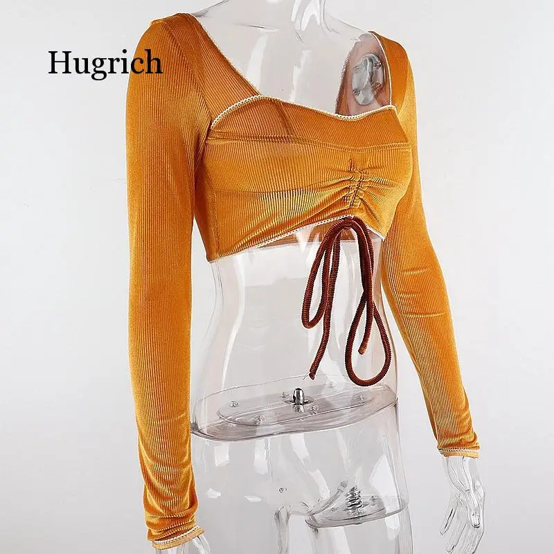 

Spring New Square Neck Open Navel Long Sleeve Ultra Short T-Shirt Street Wear Top for Women