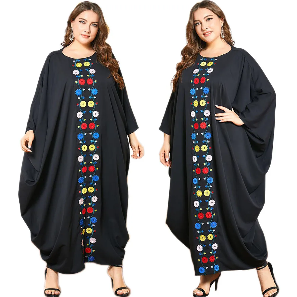 Женское длинное платье с рукавом «летучая мышь», черное свободное Повседневное платье макси с вышивкой в мусульманском стиле Дубая, одежда ...