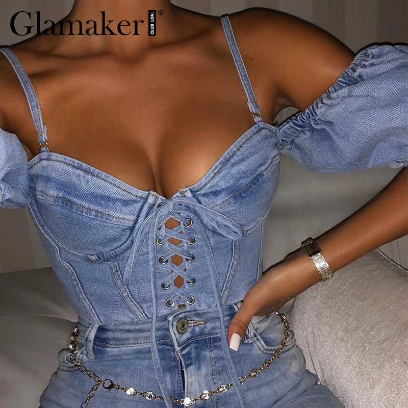 Glamaker Сексуальная джинсовая женская блузка Женский Топ Женская кружевная элегантная рубашка с пышными рукавами осенняя синяя Зимняя Блузка укороченная рубашка