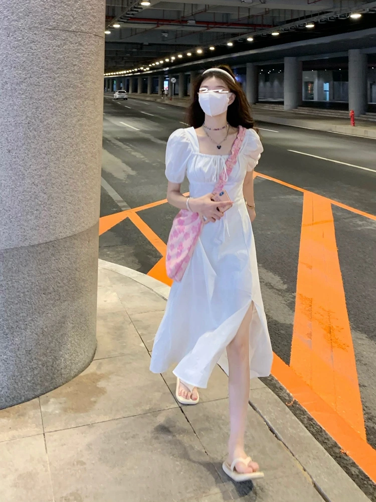 

Dress French Split Square Collar White Short-sleeved Dress Women Summer New Style Skirt Korean High-waist Mid-length Skirt