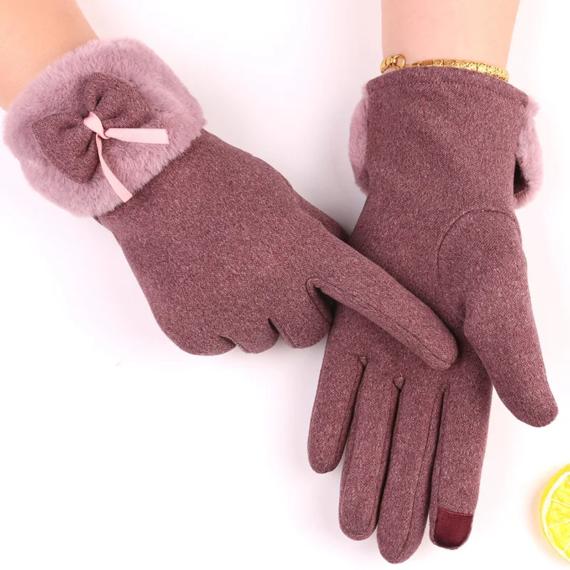 

2021 Rabbit Fur Plus Velvet Bow Women's Winter Gloves Casual Warm and Cold Touch Screen Mittens Outdoor Sports Cycling Gloves