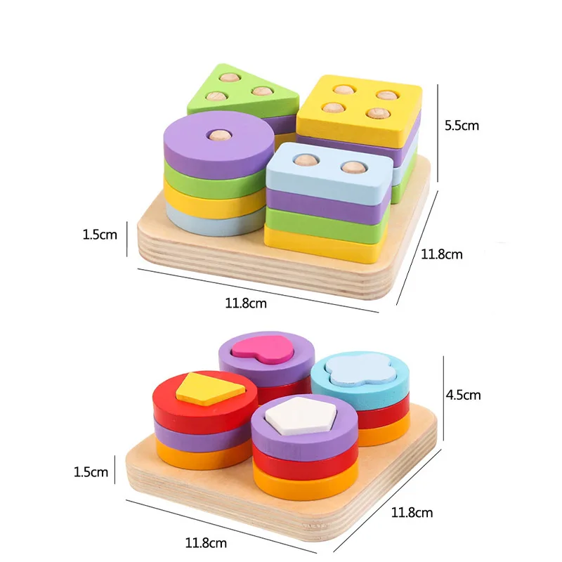 

Children's Wooden Montessori Teaching Aids Four Set Of Columns Geometric Shape Cognitive Matching Stack High Building Blocks Toy