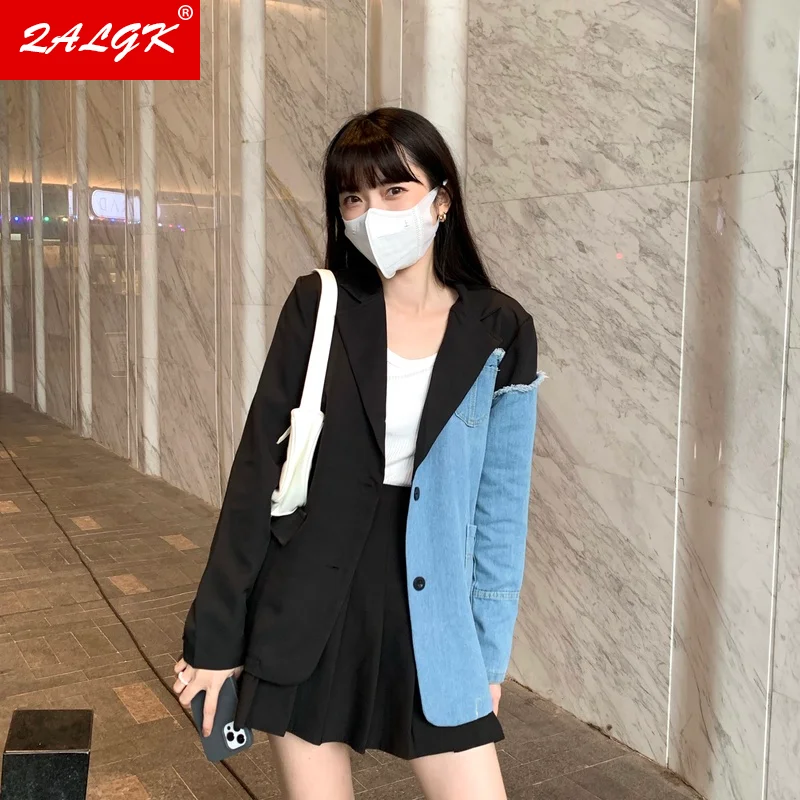 

Женский джинсовый пиджак, однотонная свободная универсальная куртка из денима, Осень-зима