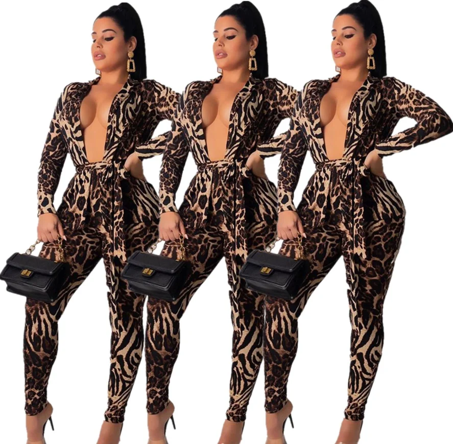 

Nightclub Wear Women Leopard Print Two Piece Sets Fashion Lady's Sexy Deep V-Neck Lace-Up Coats High Waist Pencil Pants Sets