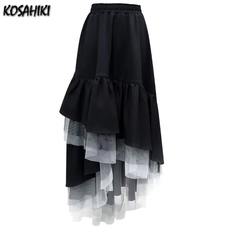 

KOSAHIKI Asymmetrical Skirts Womens Long Saia 2021 Summer Elegant Mesh Skirt Harajuku INS Black Fashion Pleated Skirts Femme