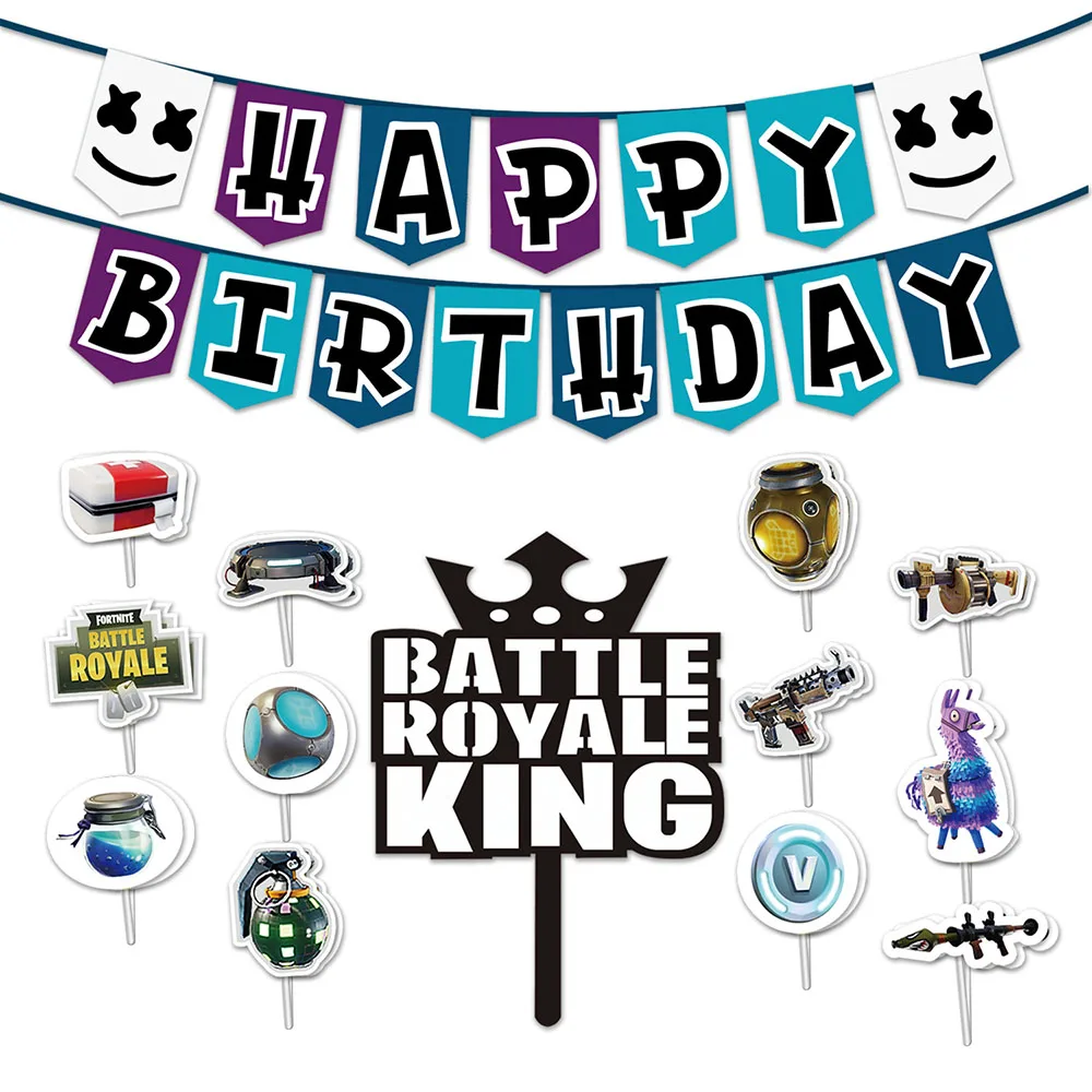 

Cartoon Battle Zone Game ON Gun Baby Shower Party Cake Toppers Boy Kids HAPPY BIRTHDAY Party Banners Backdrop Decorations