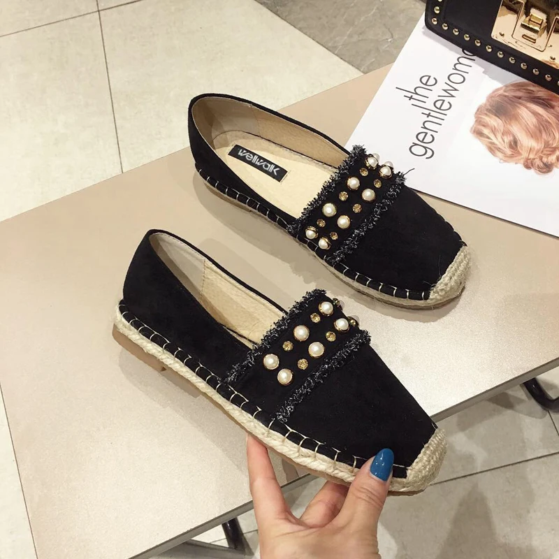 Женские джинсовые лоферы с бахромой жемчужным ремешком стразы пеньковая обувь